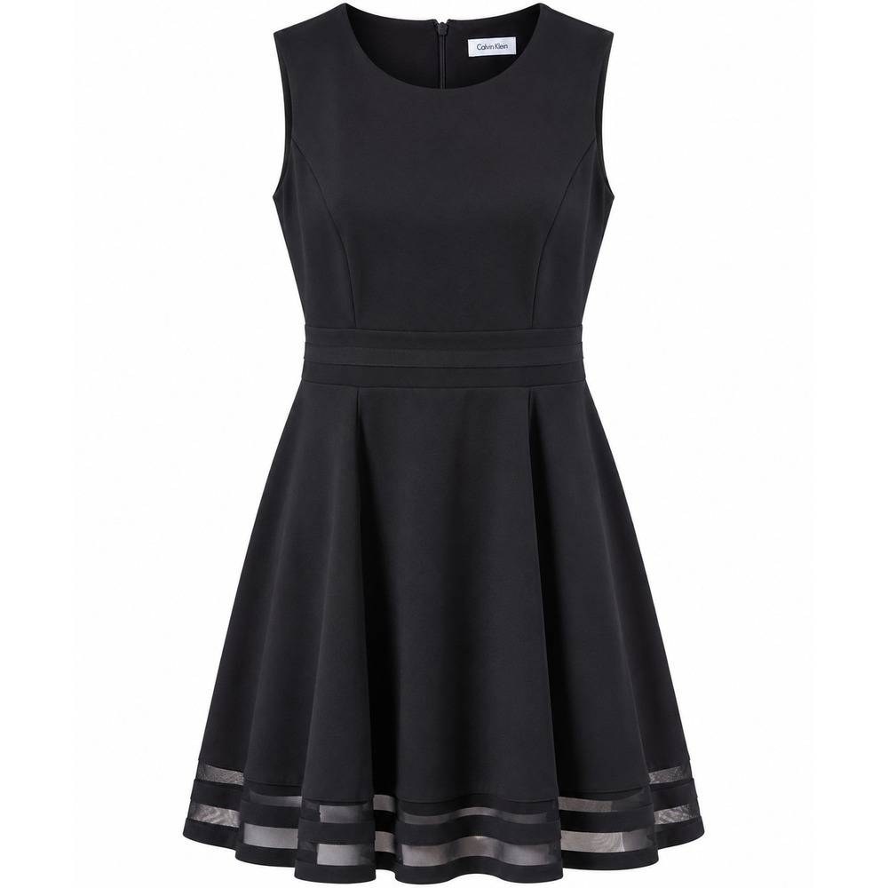Calvin Klein Black Fit & Flare Dress Illusion Mesh Hem Sleeveless LBD Size 8-10